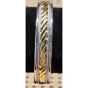 Beautiful Silver Tone Cuff Bracelet w/ Gold Tone Braiding Adjustable Size